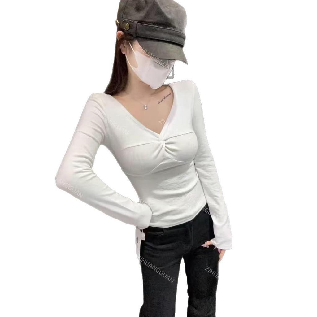 Women's Elegant Knotted V-Neck Long-Sleeve Slim-Fit T-Shirt – French Design Spring 2026 Arrival