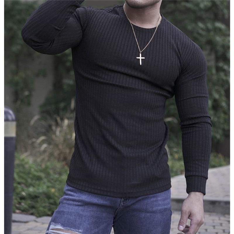 Men's Autumn Sports Fitness Casual Stand Collar Stretch Ribbed Crew Neck Long Sleeve Activewear