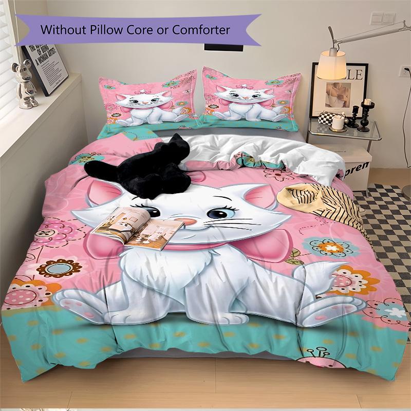 Pink Floral Kitten Theme Print 3Pcs Bedding Setduvet Cover With 2 Bedropillowcase Home Birthday Gift