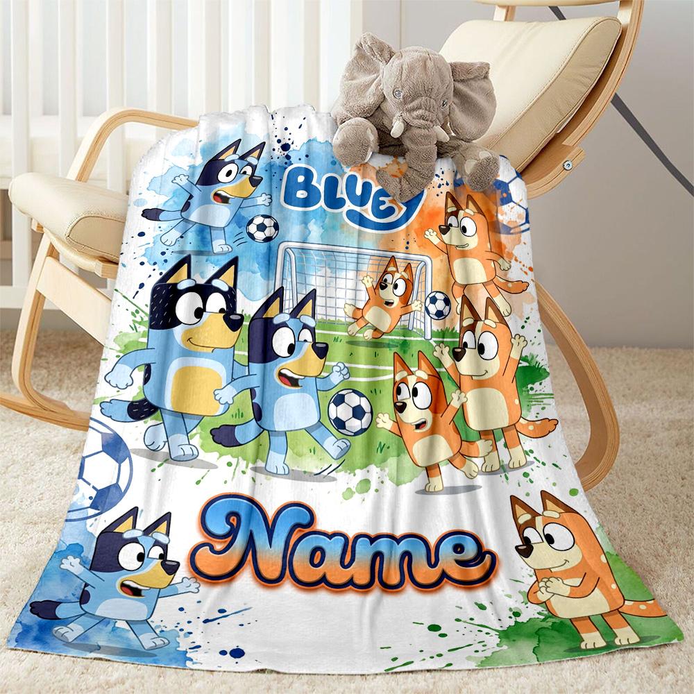 Bluey's Soccer Fun Customize Text Blanket Multi-purpose Personalized Blanket Soft & Cozy Perfect for Livingroom Chair Office Seaside for All Occasions