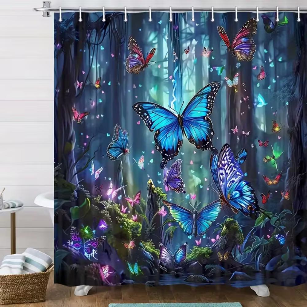 VIKAMA Blue Butterfly Dreamy Print Shower Curtain, Waterproof Bath Curtain For Bathroom Windows And Bathtubs, Home Decoration