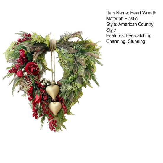 Valentine's Day Farmhouse Heart Wreath for Front Door Rustic Faux Greenery Wreath with Red Roses Berries Vintage Heart Bell for Window Porch Indoor
