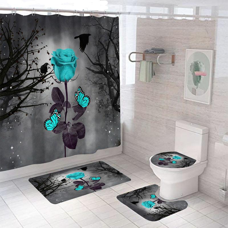 Rose Flower Shower Curtain Set Non-Slip Rugs Bath Mat Toilet Lid Cover And 12 Hooks Waterproof Polyester Bathroom Home Decor
