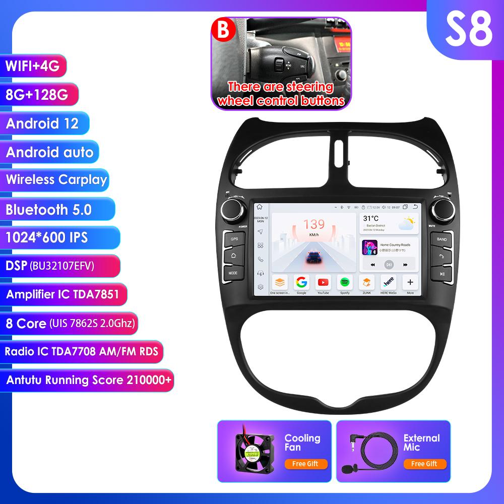 

OSSURET Интеллектуальный 7862 Android Автомагнитола для Peugeot 206 206CC 206SW 2000 -2008 Автомобильная стереосистема Мультимедиа Аудио Беспроводной Carplay 7-дюймовый головной блок B S8 8Core 8G 128G