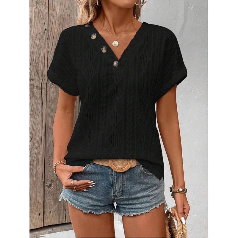 

Summer New V-neck Short Sleeve Blouse Women Clothing Hollow Out Shirt Lace Sweet Buttons Simple Casual Loose Top Simple T-shirt Solid Color Clothing XL
