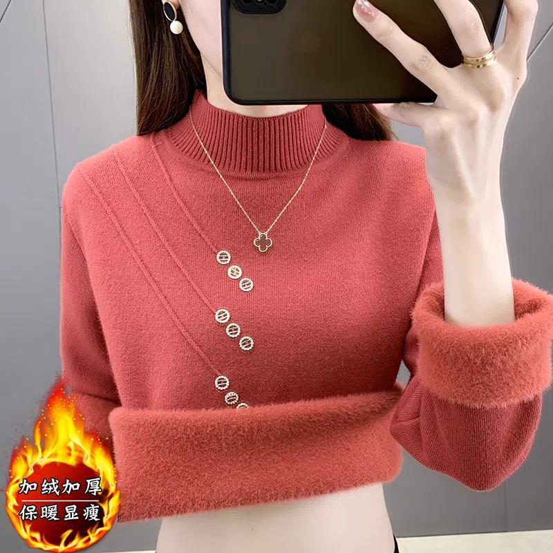 

Толстый велюровый цельный свитер для женщин Новый осенне-зимний вязаный базовый свитер с полувысоким воротником S красный