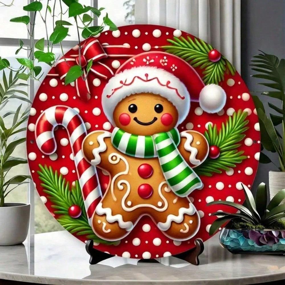 1pc Christmas Gingerbread Man Candy Cane Metal Wall Art, 7.8x7.8 Inch Farmhouse Hanging Decor for Indoor Outdoor Holiday