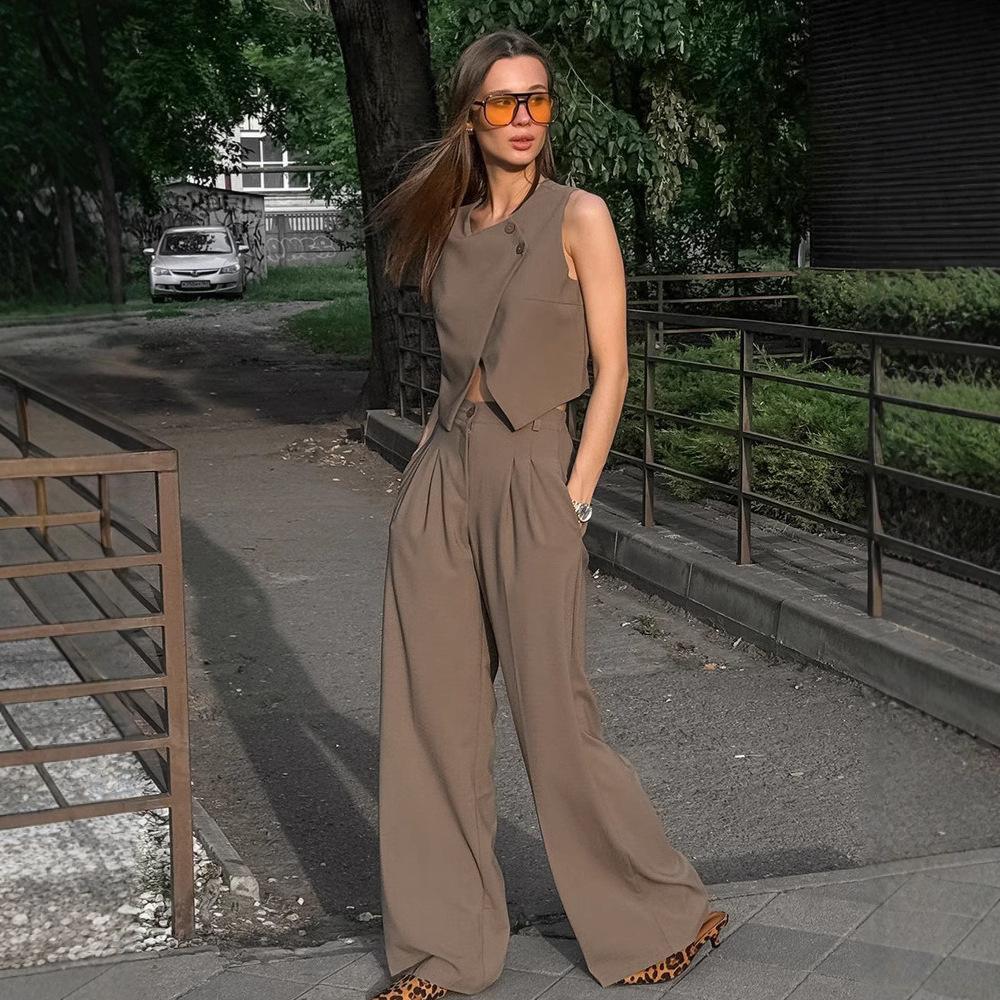 European and American commuter fashion khaki vest trousers two-piece set women's 1116 spring new design suit