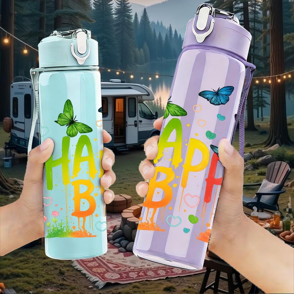1PC Happy B Letter Butterfly 750ml Color Plastic Sports Water Bottle Leakproof Flip Straw Lid Suitable for Sports Office Home Use