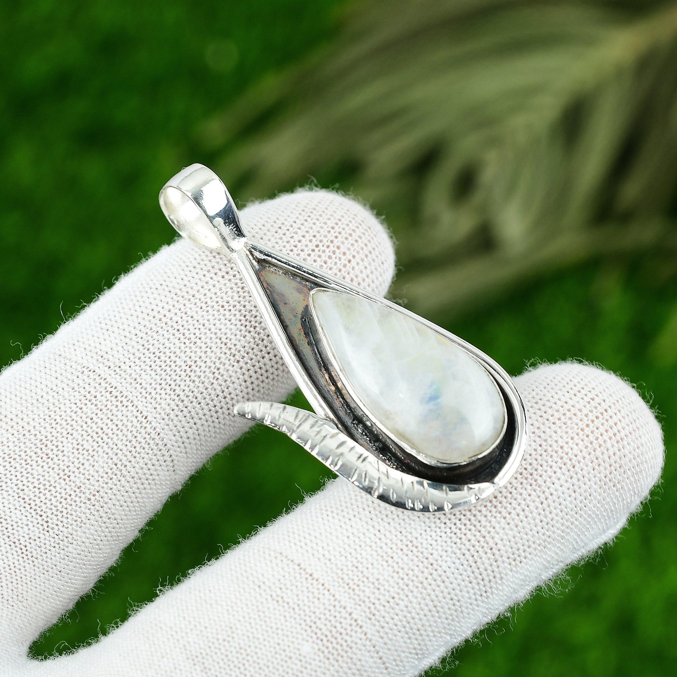 

Pear Rainbow Moonstone Gemstone 925 Sterling Silver Crown Chakra Unique Pendant