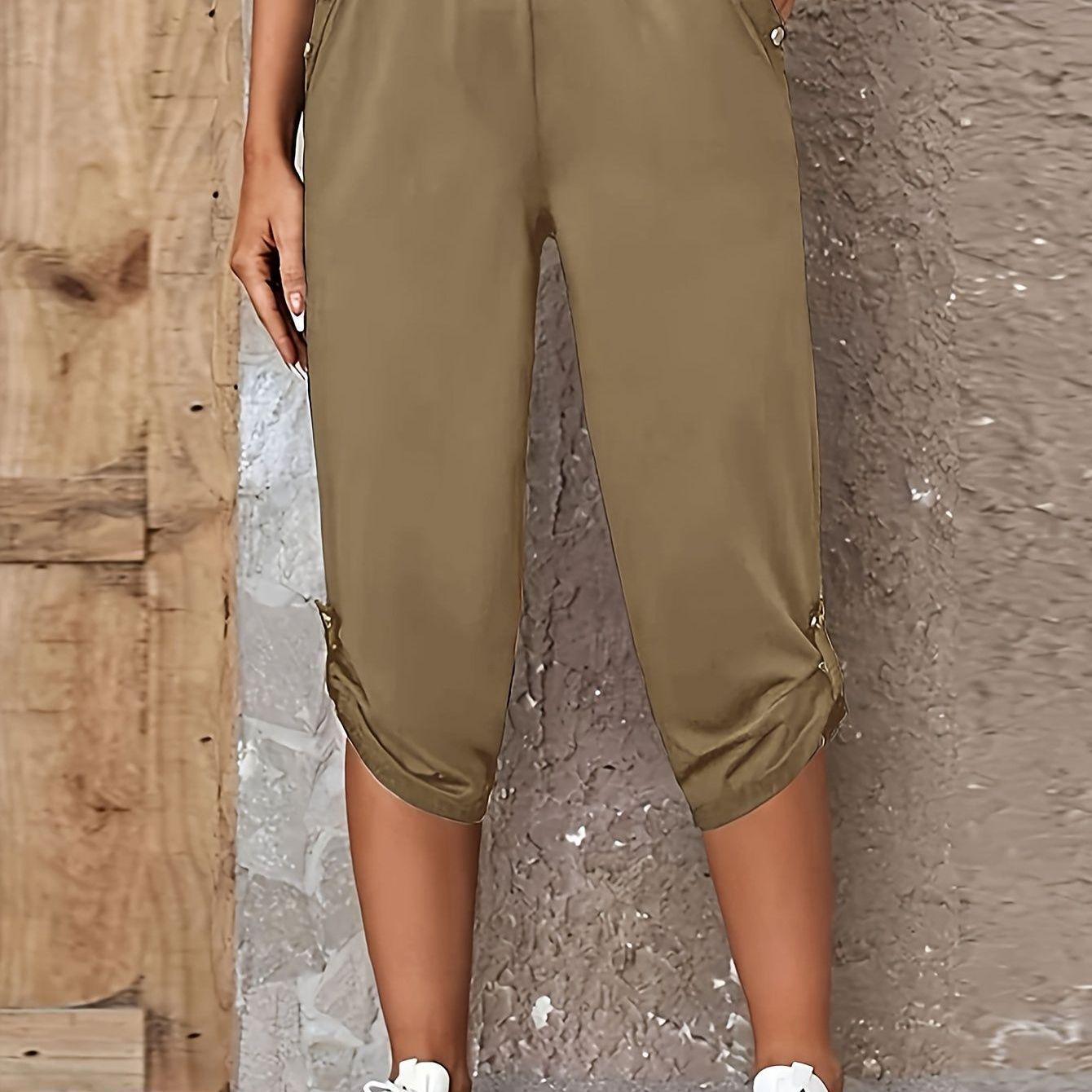 

Women s Plus Size Snap Button Cropped Pants with Decorative Pockets 5XL хаки