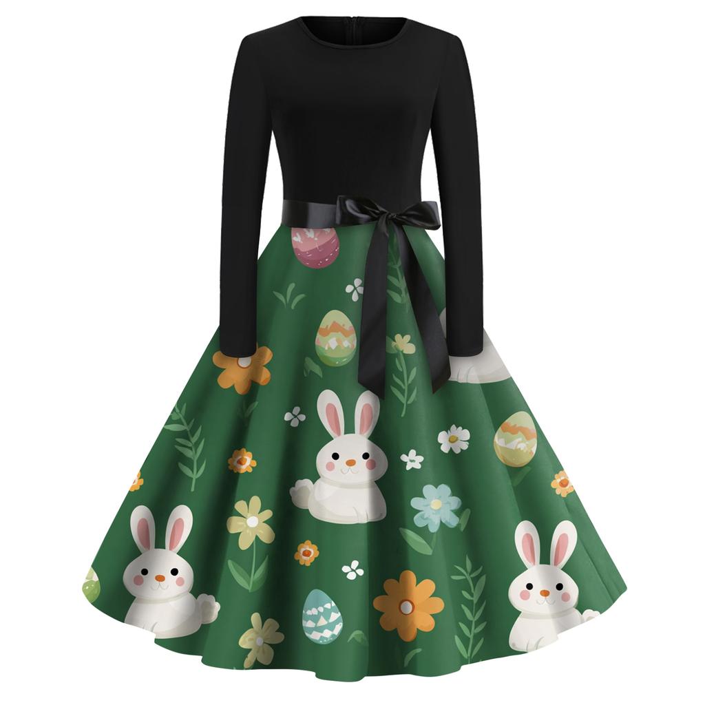 Women's Fashion Round Neck Casual Slim-fit Easter Printed Large Swing Long Sleeve Dress