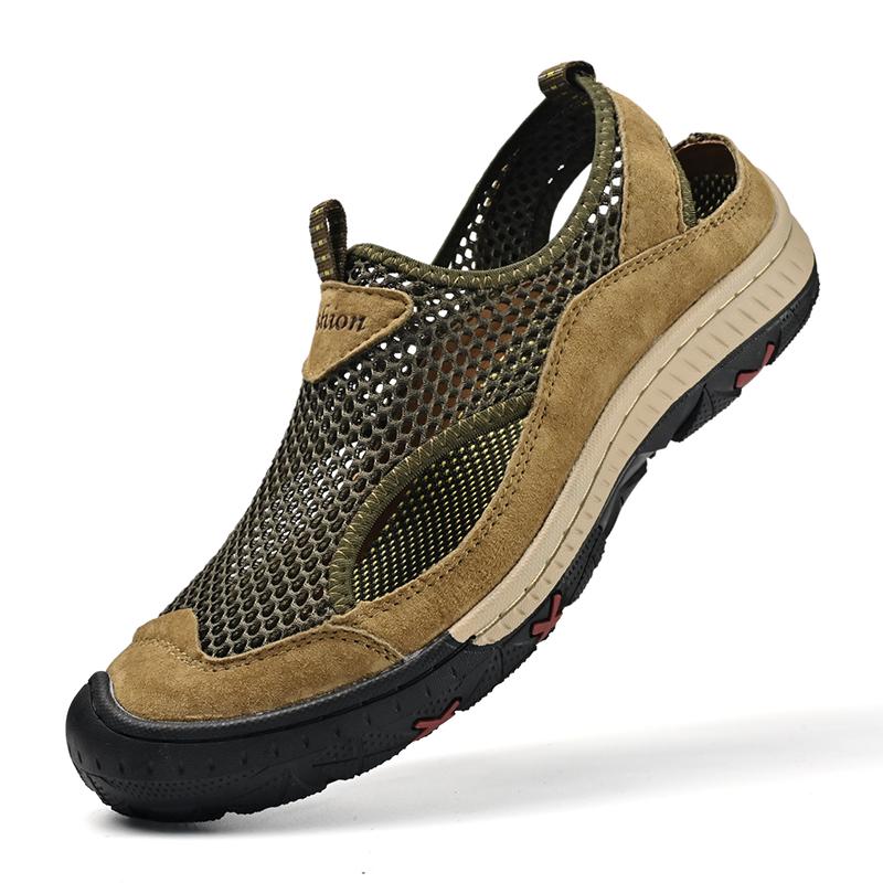 Summer Breathable Outdoor Sneakers Mesh Suede Hiking Shoes Slip On Casual Shoes For Men Loafers Plus Size