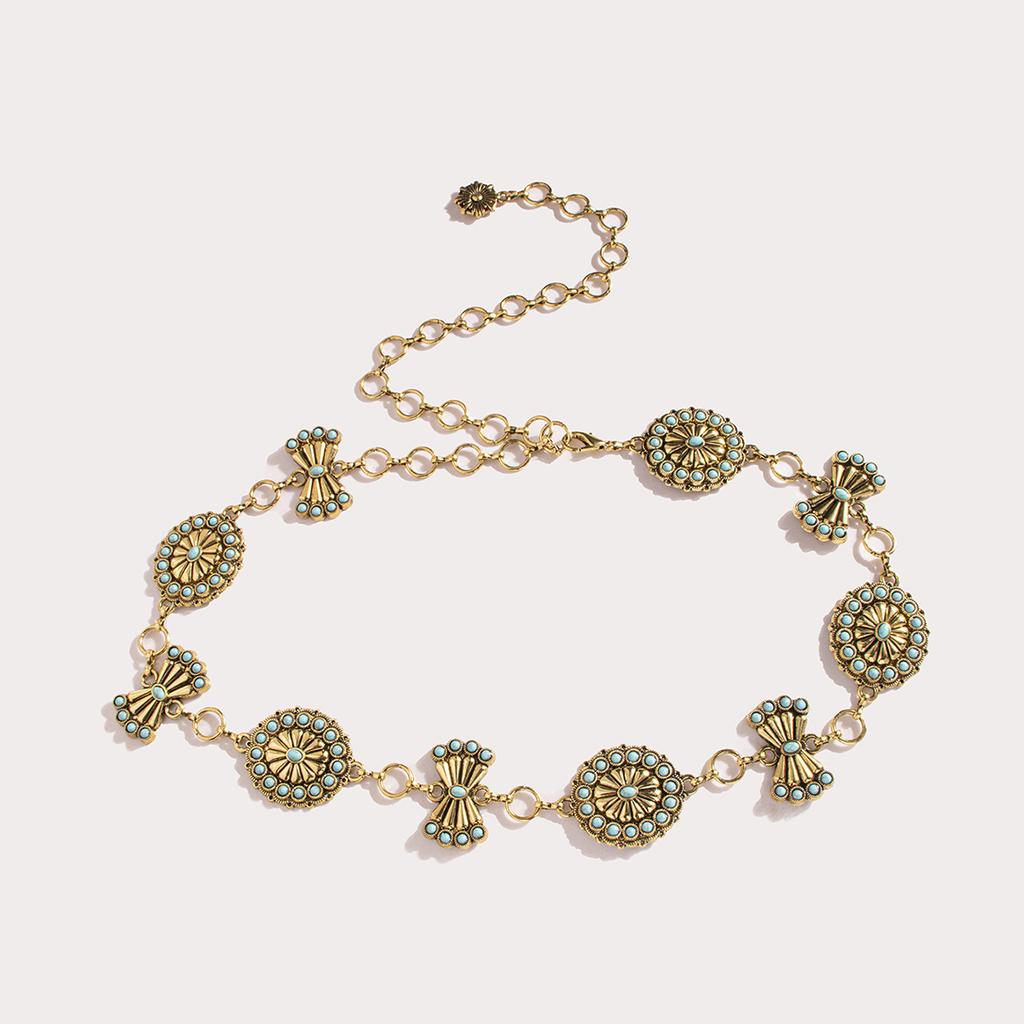 New Retro Geometric Carved Turquoise Heavy Industry Women's Metal Waist Chain Elegant Palace Style Quality