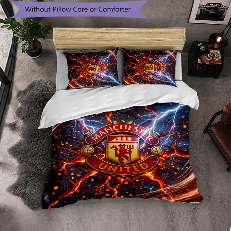Juego de Cama de 3 Piezas con Patrón del Manchester United Suave Microfibra Funda Nórdica con Fundas de Almohada para Dormitorio