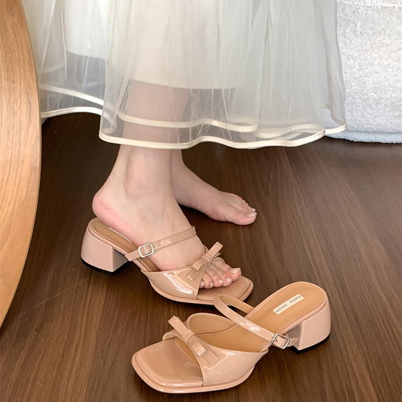Summer Women's Open Toe Thick Heel Slippers Fashion Butterfly-knot Slides Comfort Outdoor Party Dress Shoes