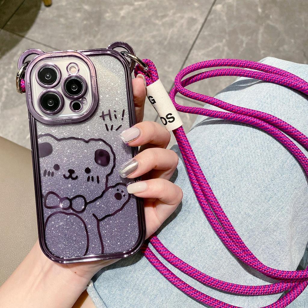 Crossbody Compatible iPhone 14 Case Apple 15 Cute Bear Electroplated Glitter 16 Full Coverage 13 Lanyard Phone Case