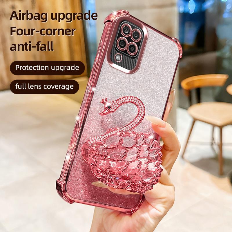 KEYSION Shockproof Plating Phone Case for Samsung A12 A22 4G Clear Soft TPU Glitter Jewelled Swan kickstand Back Cover for Galaxy M12