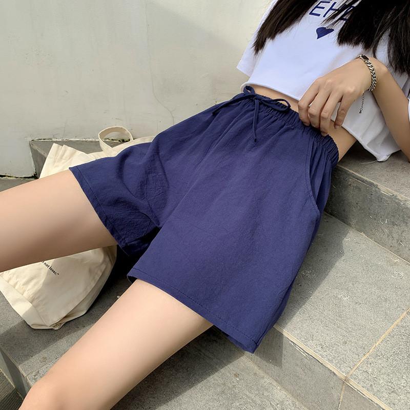 

Хлопковые шорты на лето А-силуэта, 5% широкие штанины, больших размеров, с высокой посадкой, свободного кроя, спортивные, 3% хлопок-лен повседневные брюки для женщин M тёмно-синий