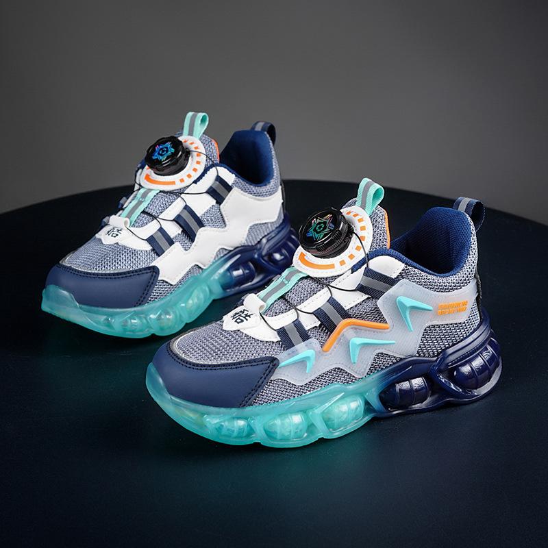 Boys' Shoes Autumn and Winter New Mesh Rotating Buckle Leather Children's Sports Shoes Medium and Older Children's Leisure Girls' Travel Shoes