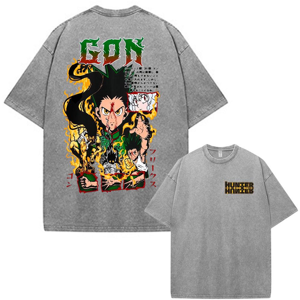 Japanese Anime Hunter X Hunter Kurapika Vintage Washed T Shirt Men Women Clothing Fashion Oversized Cotton Short Sleeve T-shirts