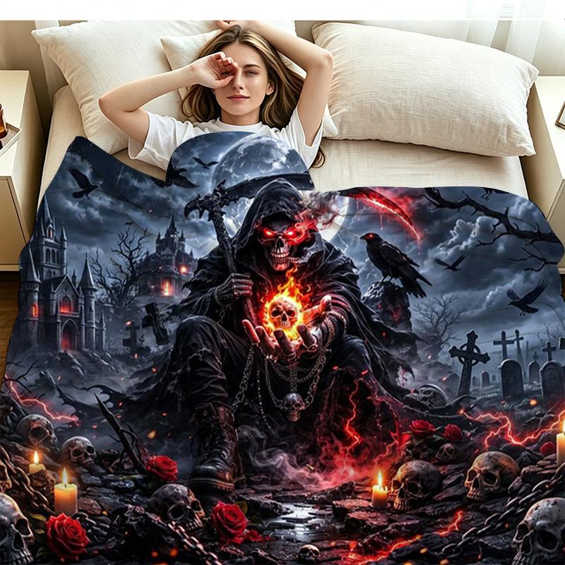Dark Grim Reaper Print Flannel Blanket High Quality Warm Comfortable Cover for All Seasons Perfect for Gifts Home Decor