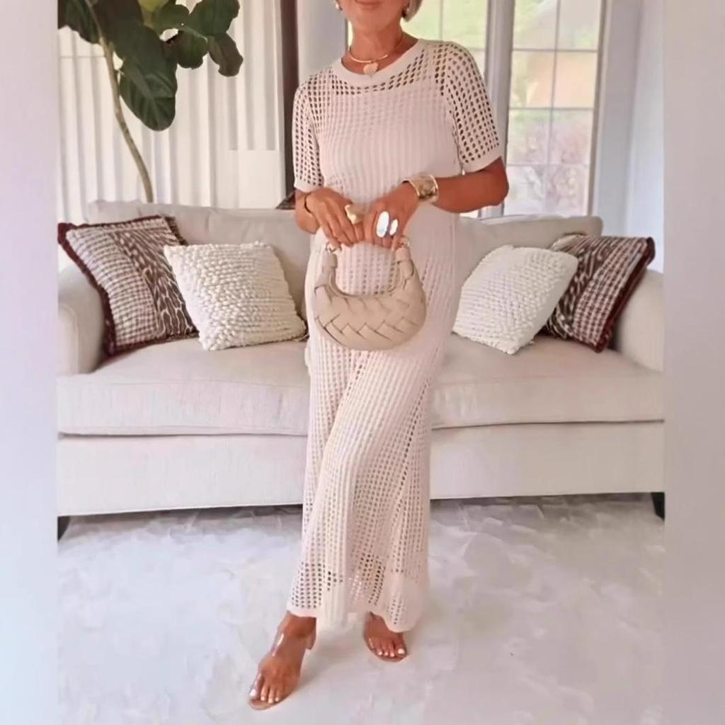 Vestido Maxi Largo sin Mangas de Punto de Encaje Blanco, Diseño Elegante Calado, Vestido de Verano Boho Chic