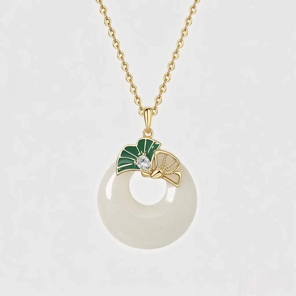 Natural Hotan Jade Ginkgo Leaf Necklace in S925 Sterling Silver - Summer Chinese Style Retro Gift for Women 925 Sterling Silver