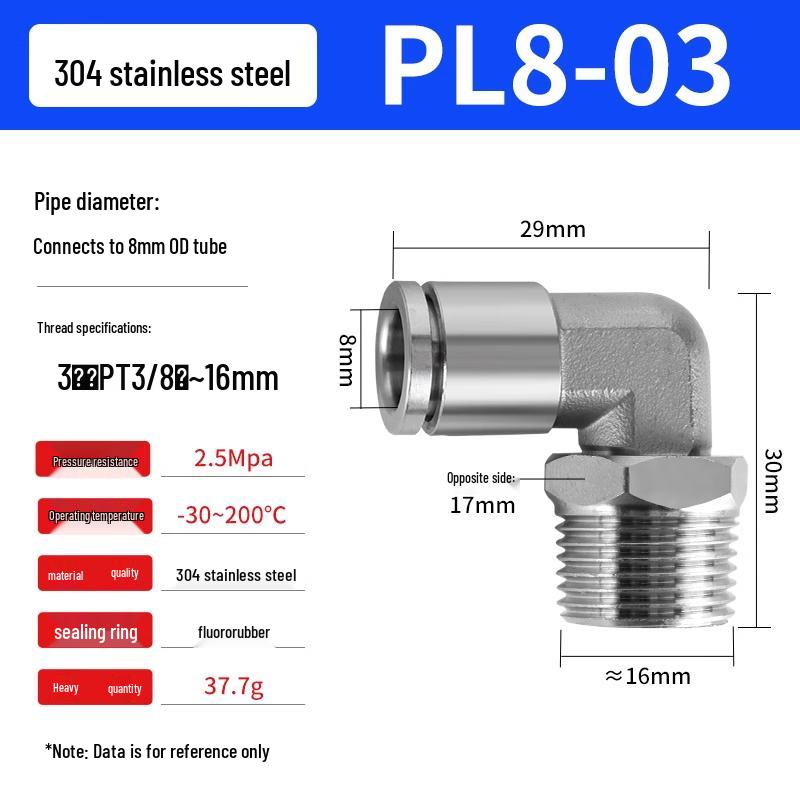 304 Stainless Steel Pneumatic Quick Push-in Connector, PC16-06/PC8-02 Swivel Elbow, PL6-M5/04