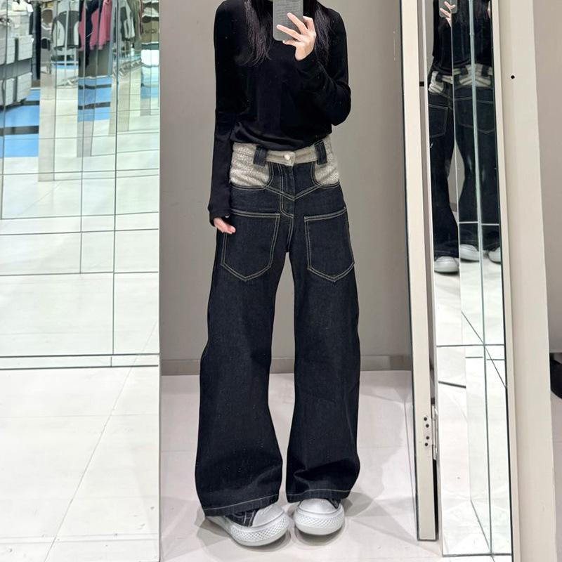 Retro Patchwork Wide-Leg Jeans - Women s Autumn/Winter Contrast Stitch Straight-Leg Pants Extra Large