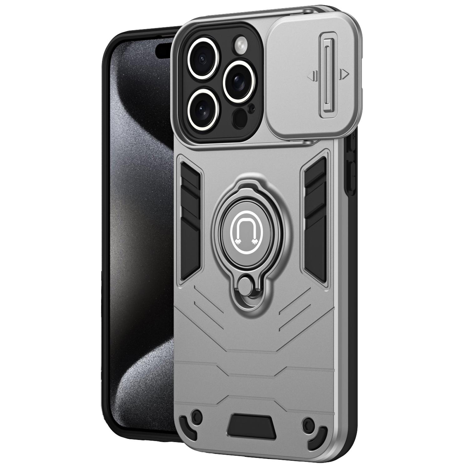 

For iPhone 16 Pro Case Slide Camshield Kickstand PC+TPU Phone Cover Grey