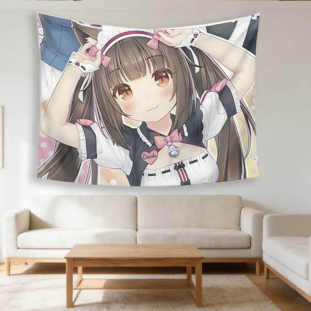 Anime Tapestry, Flat Print Cute Cat Ear Maid Character Design, High-Quality Horizontal Wall Hanging, Anime Room Decor For Living