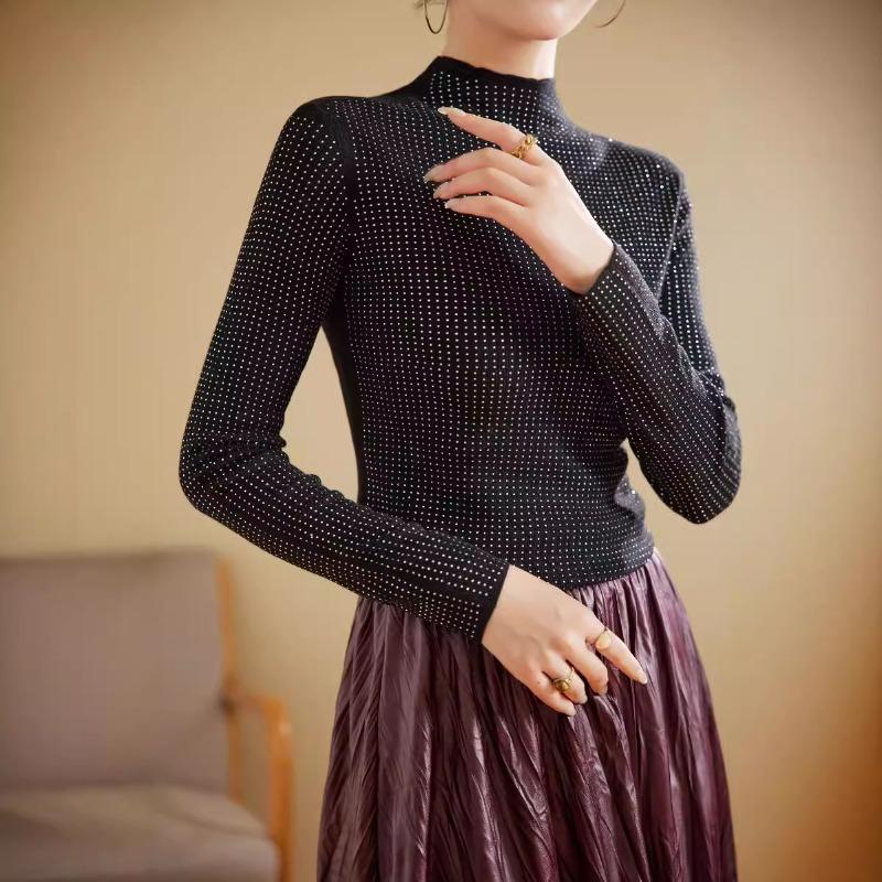 Hot diamond semi-turtleneck silk wool sweater women's autumn slim-fitting and thin knitted bottoming sweater women's sweater