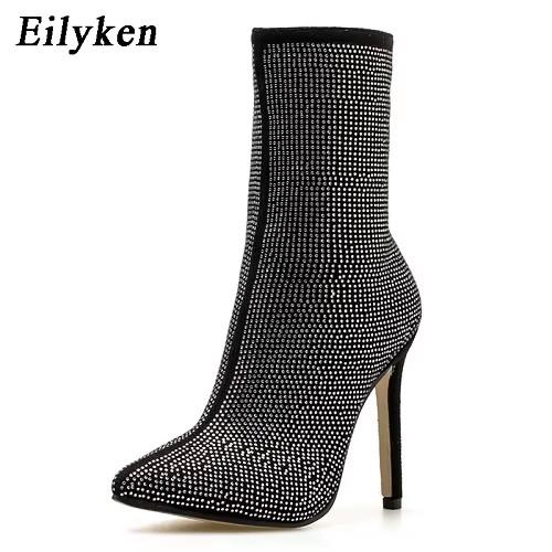 Fashion Eilyken Spring Autumn Rhinestones Stiletto Heels Woman Ankle Boots Pointed Toe Sexy Zipper Chelsea Shoes