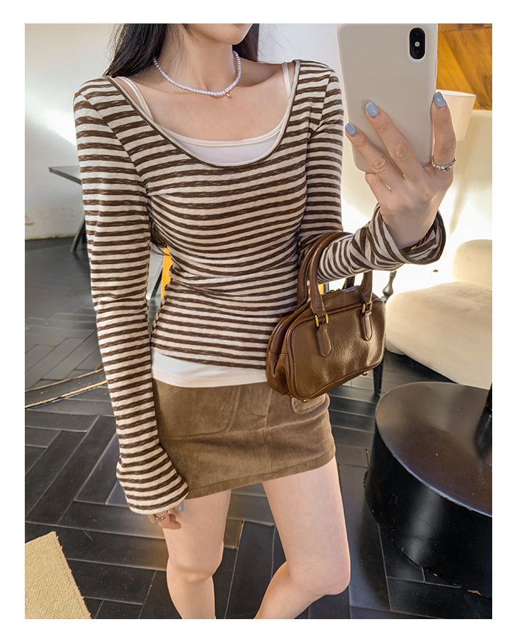 Petite Korean Style Faux Layer Striped T-Shirt for Women - Autumn/Winter 2025 Arrival