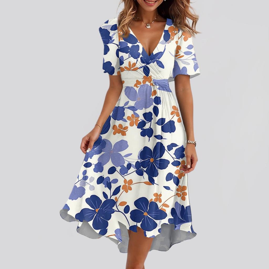 Damen Locker Lässig V-Ausschnitt Ausgestellter Rock Kurzärmlig Bedrucktes Kleid Bedrucktes Kleid