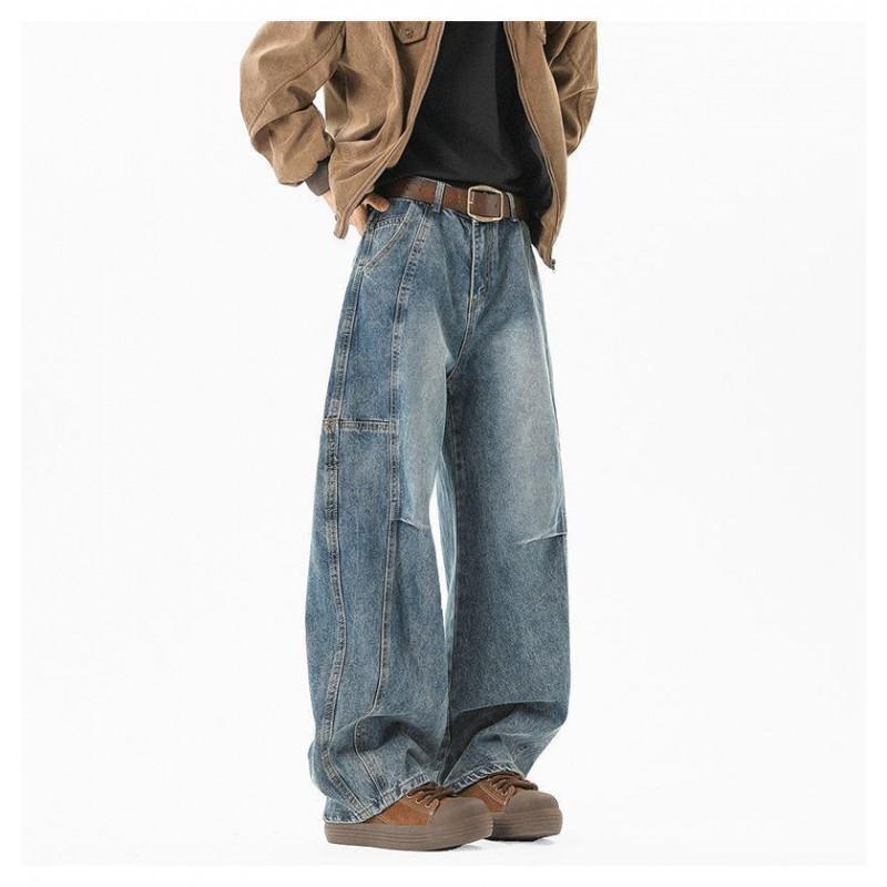 Mens Distressed Patchwork Jeans Thin Loose Straight Leg Wide Pants Teens