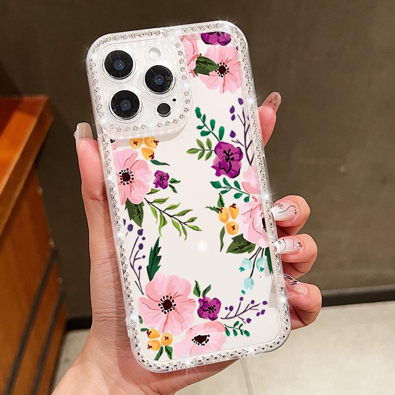 Floral Pattern Clear Shockproof Phone Case For iPhone 16E 16 Pro Max 15 Pro 14 13 12 11 Diamond Frame Anti-Fall Soft Silicone Bumper Cover