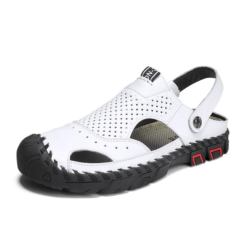 

Летние новые кожаные пляжные туфли, удобные сандалии с застежкой-молнией, мужские легкие повседневные туфли на открытом воздухе, дышащие мягкие туфли на плоской подошве, мужские тапочки 46 белый