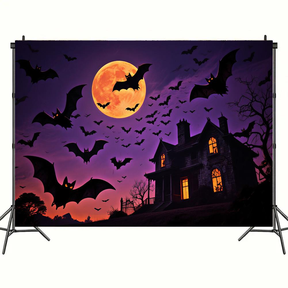 With Castle,Bats,Full Moon Elements-Halloween Backdrop Tapestry for Photo Booth,Party Event,Holiday Celebration,Wall Decor