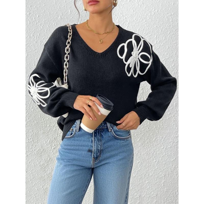 Women S V Neck Pullover Sweater With Flower Embroidery Casual Style