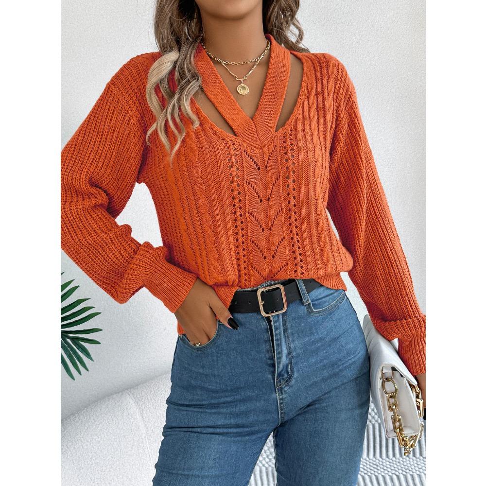 Women's Autumn/Winter Sweatshirt - Casual Openwork V-Neck with Twisted Lantern Sleeves - New Arrival Knitted Jumper