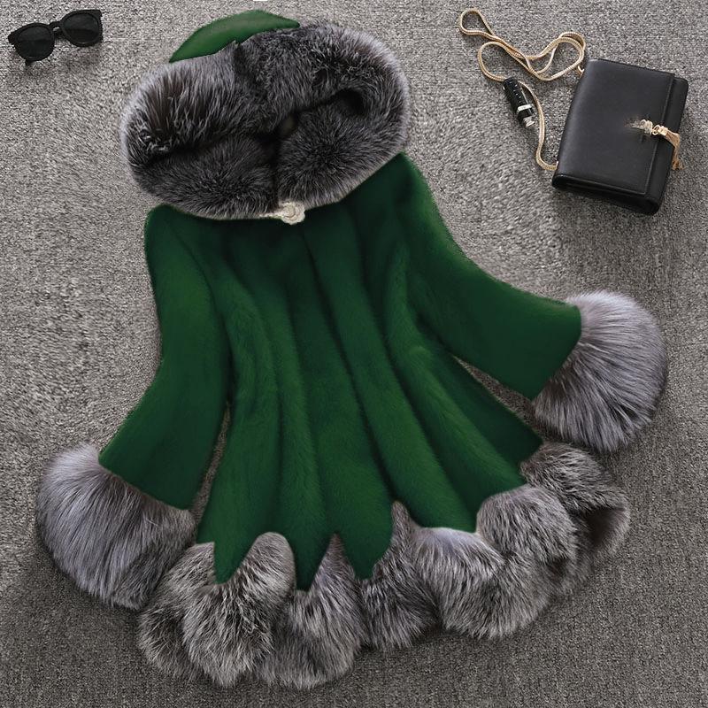 Faux Fur Coat Women Autumn Winter Faux Mink Coat Faux Fox Fur Collar Hooded Jacket Large Size Tops Fur Women Christmas Clothes