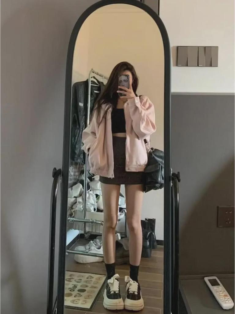 Hong Kong Style Pink Lapel Workwear Jacket for Women - Retro Spring/Autumn Design