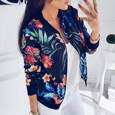 Bayan Retro Çiçek Baskı Fermuarlı Ceket Casual Tops Ceket Dış Giyim