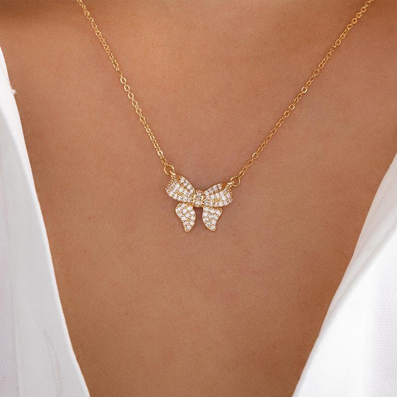 Diamond-encrusted alloy bow necklace, new jewelry women's pendant, niche high-end collarbone chain