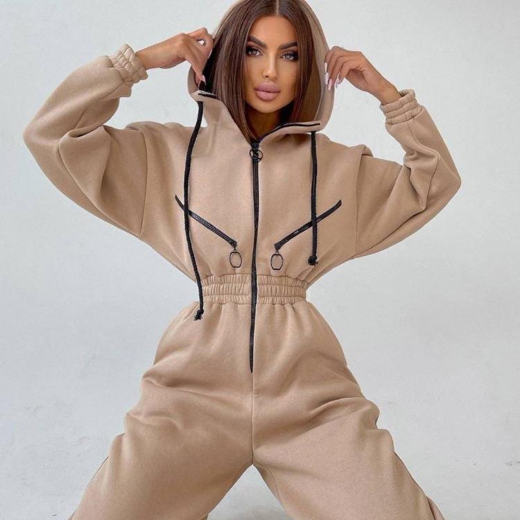 Women Autumn Winter Solid Color Hooded Bodysuit Top with Wide Leg Pants Loose Long Sleeve O Neck Hoodies Suit