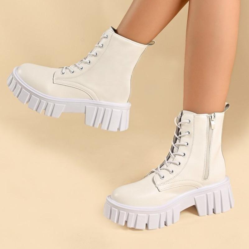 Plus Size Platform Lace-up Martin Boots for Autumn and Winter New Side Zipper Round Toe Mid-cut Fashion Women's Boots