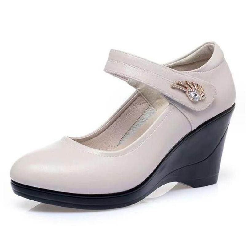 Fashion Women Fashion Comfort Buckle Strap Pumps Lady Casual Black Soft Leather Office High Heel Shoes Wedges Women Single Shoes