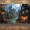 1 Piece of 2D Background Fabric Hand-painted Halloween Horror Style Dark Town and Pumpkin Lantern Design No Power Required